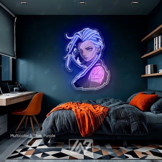Jinx neon sign in blue and purple, perfect for gaming rooms and stylish decor.