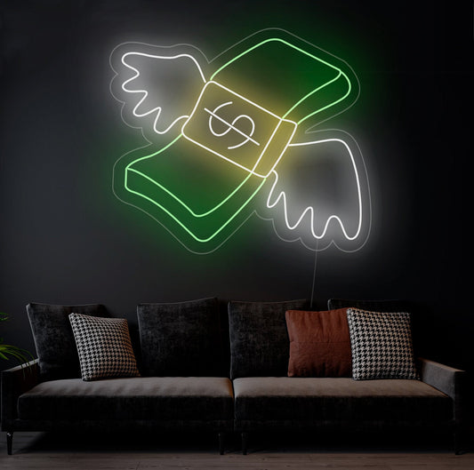 Lucky Dollar neon sign with wings, ideal for home or office decor.