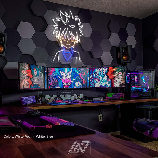 Killua Zoldyck neon sign, perfect for anime fans and gaming spaces.