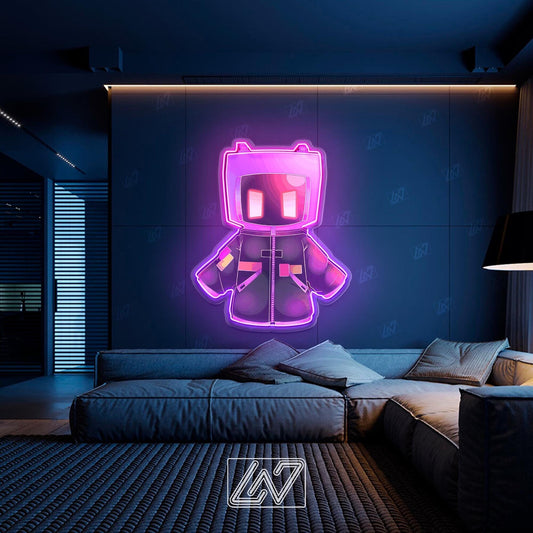 Neon Roblox Boy sign illuminating a stylish modern room.
