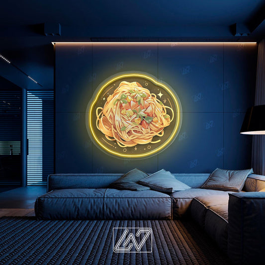 Neon sign of delicious pasta, perfect for kitchens and dining areas.