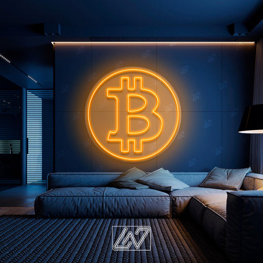 Bitcoin neon sign illuminating a stylish modern living space.