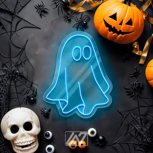 Blue neon ghost sign perfect for Halloween decor and festive gifts.