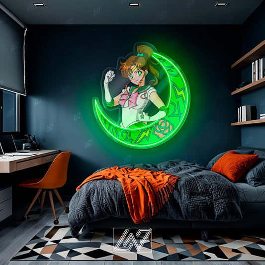 Makoto Kino Sailor Jupiter neon sign for anime fans, perfect wall decor for bedrooms or offices.
