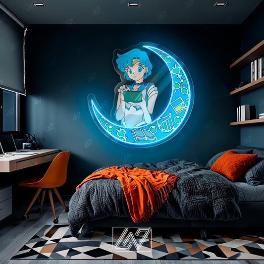 Sailor Mercury neon sign illuminating a stylish bedroom wall.