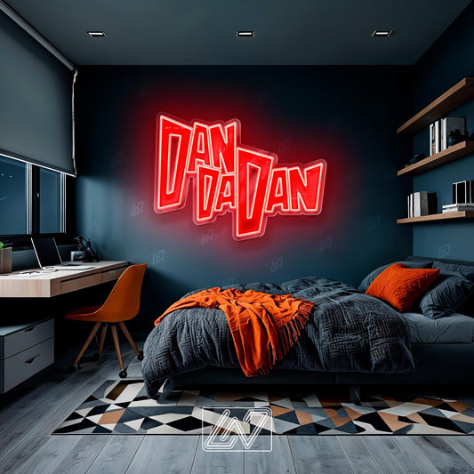 Dandadan Logo neon sign illuminating a stylish bedroom decor.