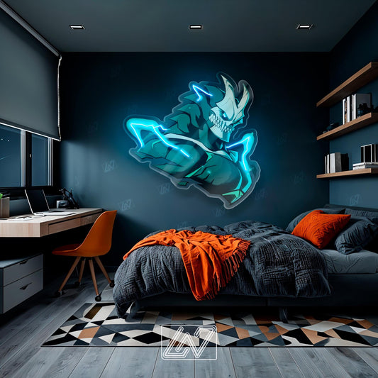 Kaijuu №8 neon sign illuminating a stylish bedroom with modern decor.