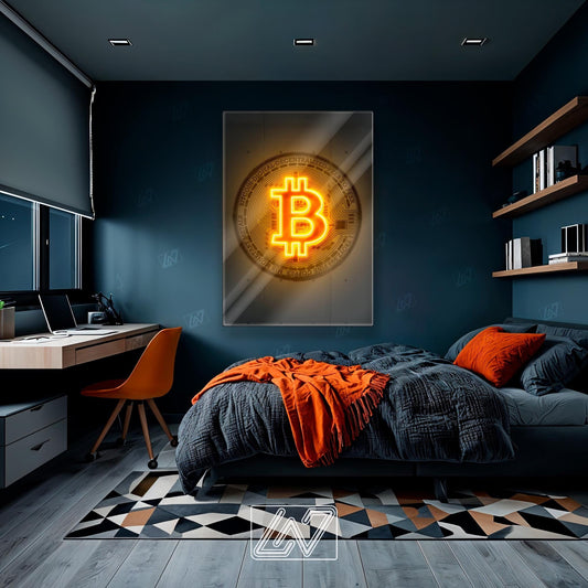 Bitcoin v4 neon sign illuminating a stylish bedroom with modern decor.