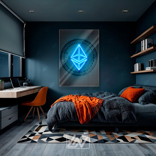 Ethereum v2 neon sign brightens up a stylish bedroom and workspace.