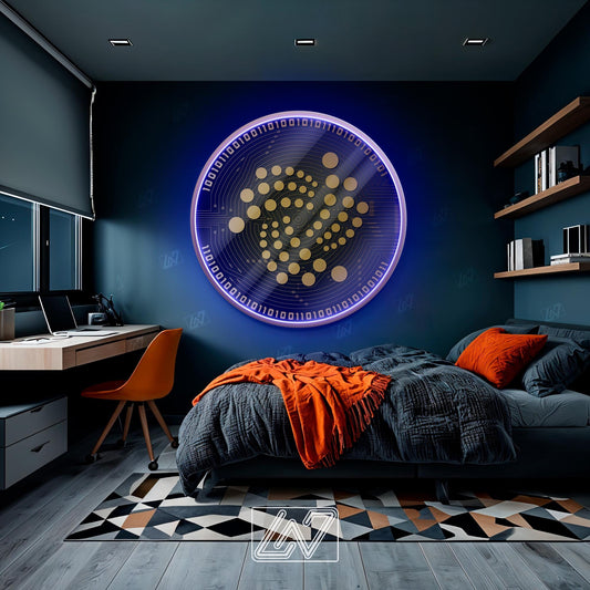Iota Coin neon sign illuminating a modern bedroom with stylish decor.