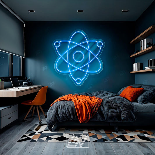 Blue neon atom sign perfect for home office or bedroom decor. Great gift for science lovers.