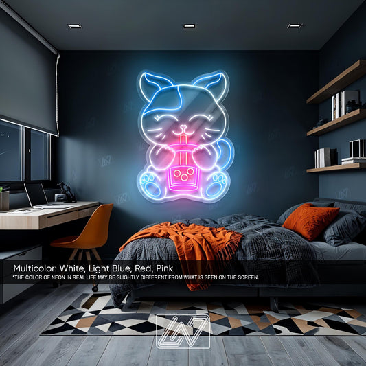 Boba Cat Neon Sign LED Light, Cute Kawaii Cat Drinking Bubble Tea Wall Art, Fun Aesthetic Decor for Café, Bedroom or Game Room