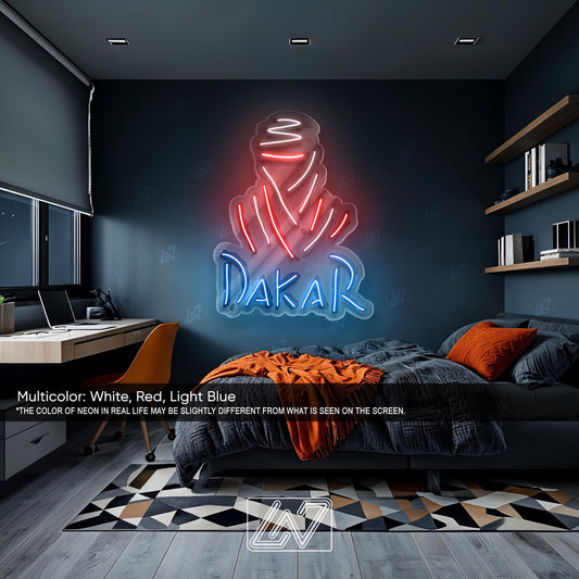 Dakar LED Neon Sign with UV Print, Off-Road Rally Wall Art for Garage, Motorsport Shop or Man Cave, Bold Adventure Racing Decor