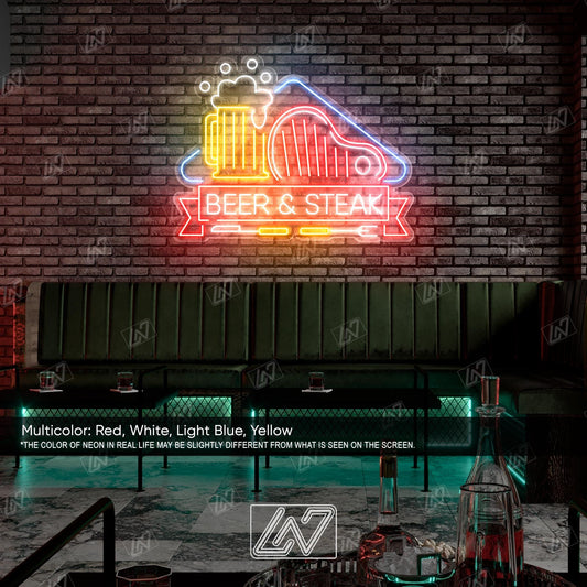 Beer & Steak LED Neon Sign Wall Light, Bold Bar and Grill Decor for Kitchen, Man Cave, Pub or Restaurant, Meat and Drink Lovers Art
