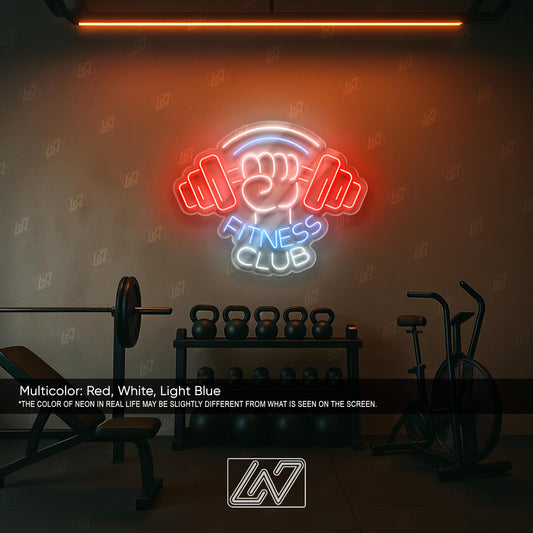 Fitness Club LED Neon Sign Wall Light, Powerful Dumbbell and Fist Design for Gym, Workout Studio or Home Fitness Motivation Decor