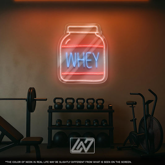 Whey Protein Neon Sign – LED Wall Light for Gym, Fitness Studio or Home Workout Zone, Unique Gift for Bodybuilders and Sport Lovers