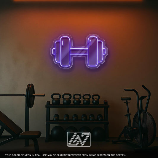 Dumbbell neon sign ideal for gym decor or as a gift for fitness lovers.