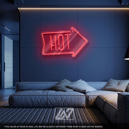 Neon sign reading HOT with an arrow, perfect for home decor and gifts.