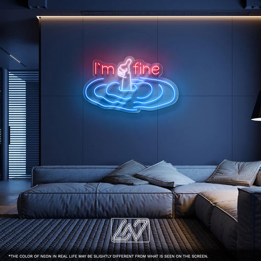 I'm Fine LED Neon Sign - Funny sarcastic wall decor with thumbs-up hand for bedroom, dorm room, or therapist office, perfect dark humor gift