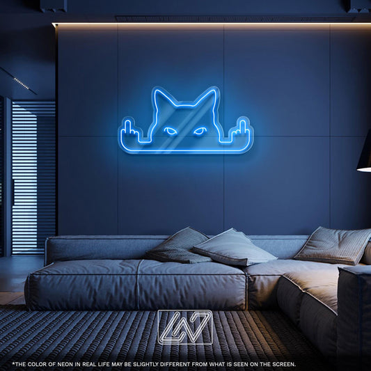 Neon sign of a cat with a humorous gesture, perfect for quirky home decor.