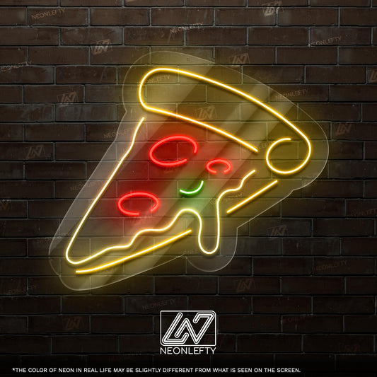 Pizza Slice Neon Sign - Fun and tasty-looking LED wall art shaped like a dripping slice, perfect for pizzerias, kitchens, cafes or fast food