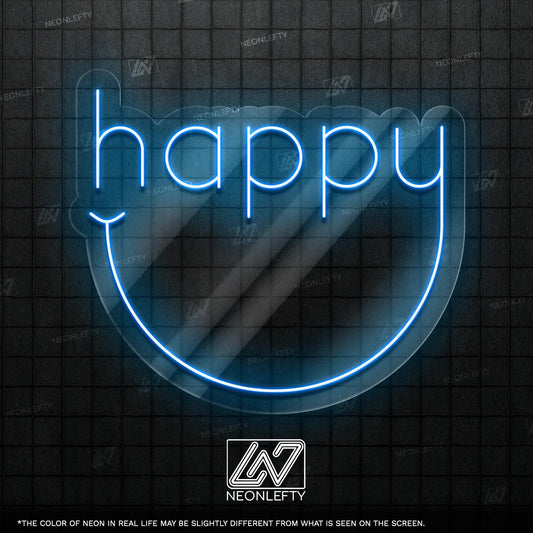 Happy Neon Sign - Cheerful and minimal LED wall decor with a curved smile design, perfect for living rooms, nurseries, studios, cozy spaces