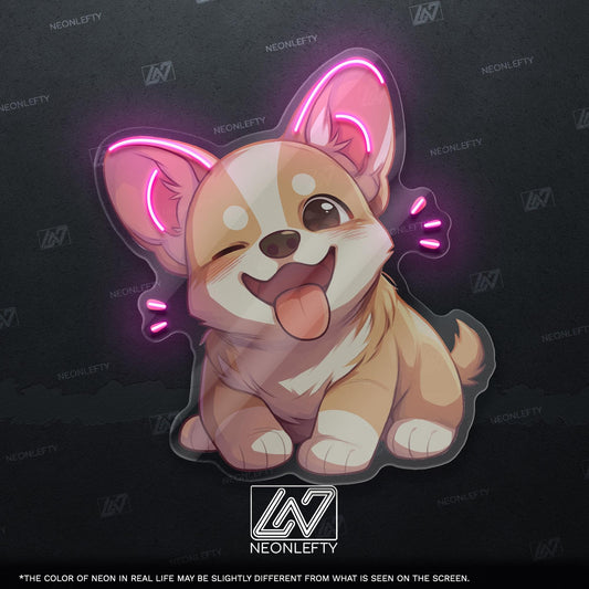Corgi Neon Sign - Adorable LED wall decor featuring a happy cartoon-style corgi, perfect for pet lovers, kids rooms, vet clinics interiors