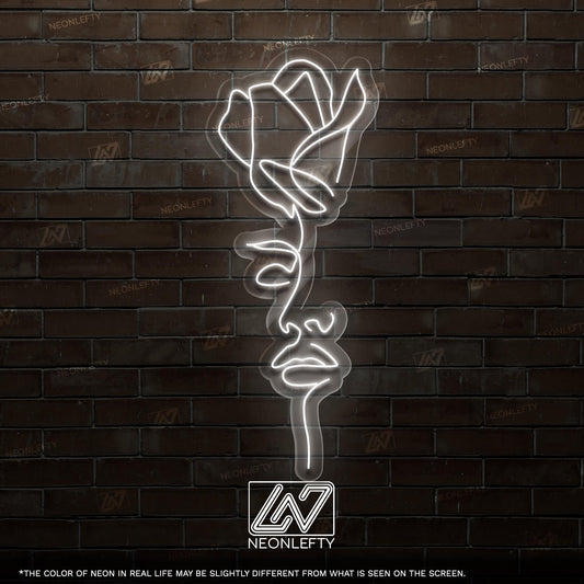 Rose and Girl Neon Sign - Elegant LED art combining a rose and female face, ideal for salons, bedrooms, studios or modern artistic interiors