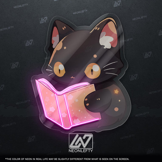Reading Cat Neon Sign - Whimsical LED wall decor of a magical cat reading a book, perfect for libraries, kids rooms, cozy creative spaces