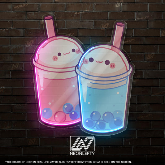 Bubble Tea Neon Sign - Cute and playful LED wall decor featuring two smiling boba drinks, perfect for cafes, dessert shops, kawaii spaces