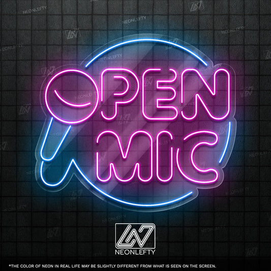 Open Mic Neon Sign - Bold LED wall decor with microphone design, perfect for bars, music venues, home studios, comedy nights or stage areas