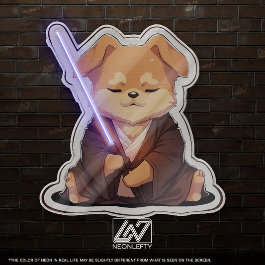 Cute Dog Neon Sign - Fun and unique LED wall decor with a meditating dog holding a lightsaber, perfect for nerdy rooms, gaming setups