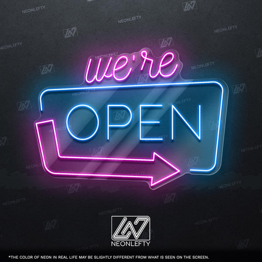 We're Open - LED neon sign for shops, salons, restaurants, offices with modern glowing design to welcome customers and highlight open status