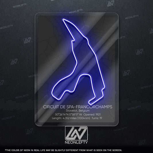 Spa Circuit Neon Sign - Legendary racing wall art inspired by Circuit de Spa-Francorchamps, perfect for garage, man cave, motorsport lover's