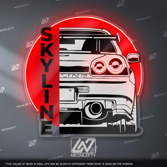 Nissan Skyline Neon Sign - Rear view wall art of legendary JDM icon R34, perfect for garage, man cave, tuner setup, street racing enthusiast