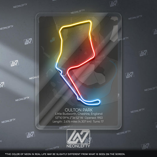 Oulton Park Neon Sign - Classic British motorsport circuit art for racing fans, perfect for garage, man cave, track-inspired decor space