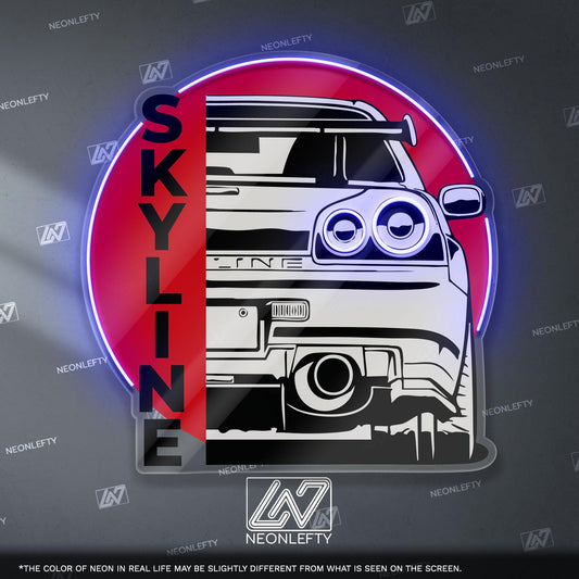 Nissan Skyline Neon Sign - Rear view wall art of legendary JDM icon R34, perfect for garage, man cave, tuner setup, street racing enthusiast