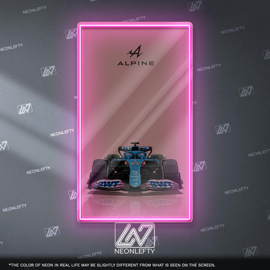 Alpine F1 Neon Sign - Front view wall art of Alpine Formula 1 car, perfect for garage, man cave, office or motorsport enthusiast interior