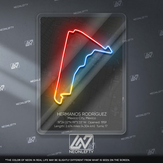 Hermanos Rodríguez Neon Sign - Iconic Mexican Formula 1 circuit wall art, perfect for garage, man cave, motorsport room or racing enthusiast
