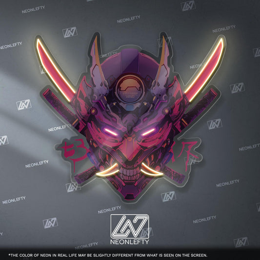 Cyberpunk Oni Mask Neon Sign - Japanese demon wall decor inspired by cyberpunk aesthetics, perfect for gaming room, studio or anime interior