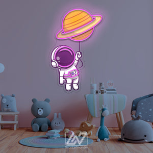 Cute Astronaut Floating with Planet Balloon in Space