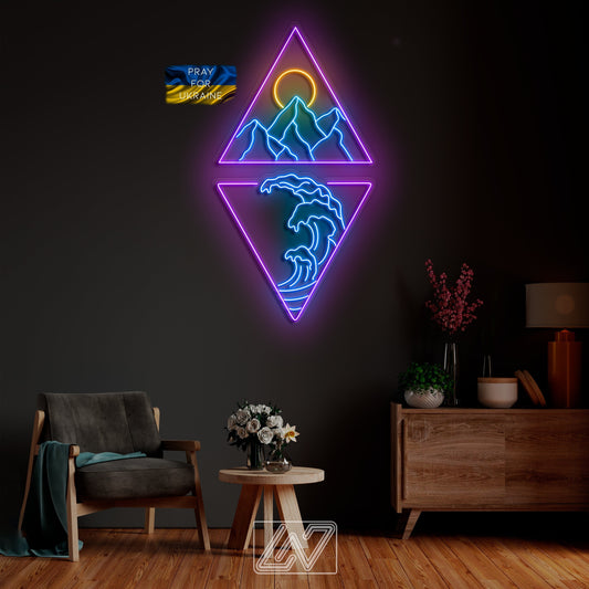 Set "Mountains, Sun and Waves in a Triangle" - LED Neon Sign-mountains-sun-custom neon sign-gift-wall decor-game room-sign wall art