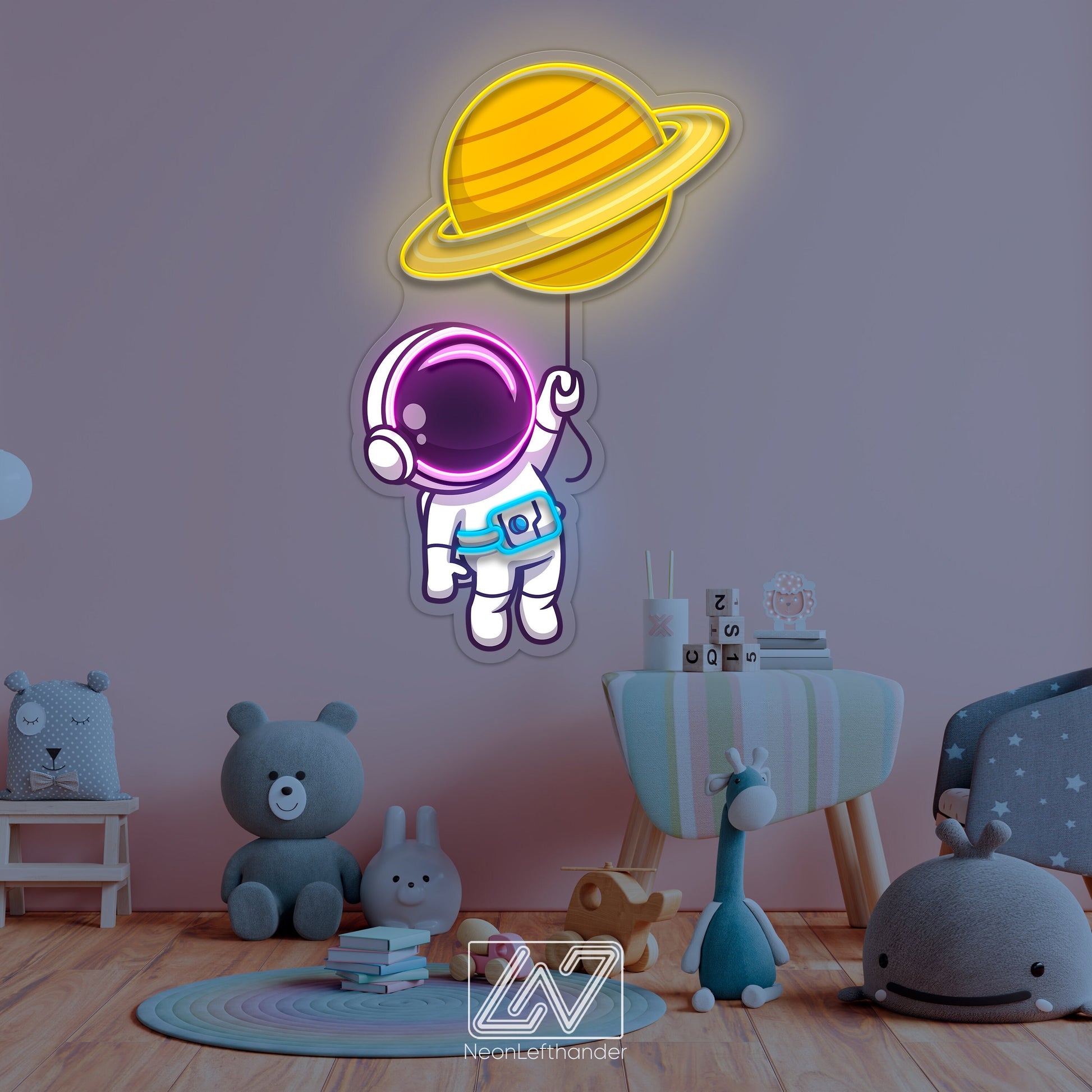 Cute Astronaut Floating with Planet Balloon in Space - Decor for a Child's Room.Neon Sign for Playful Minds.Children's paradise comes alive!