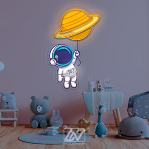 Cute Astronaut Floating with Planet Balloon in Space - Decor for a Child's Room.Neon Sign for Playful Minds.Children's paradise comes alive!