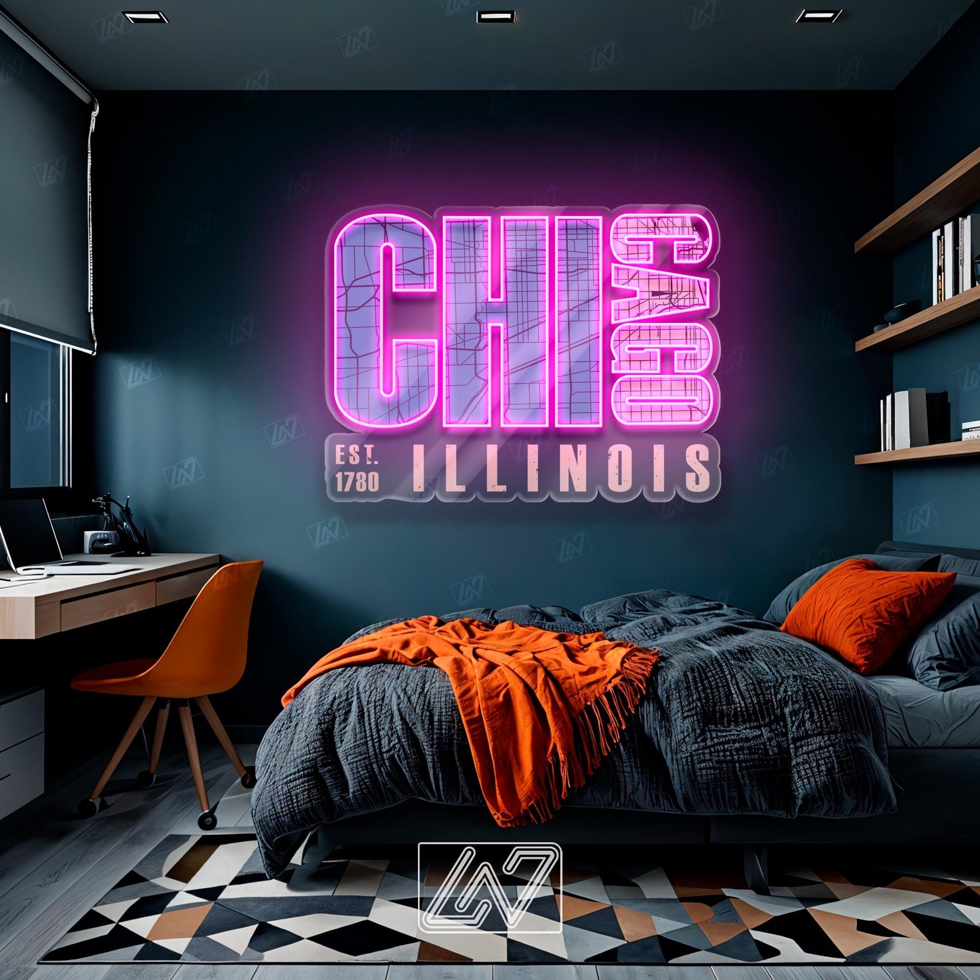 Chicago - LED Neon City Map Sign with UV Print, Illinois Map Led Sign, Chicago City Skyline Neon Sign