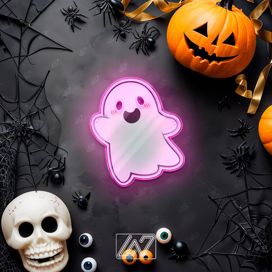 Cute Ghost - LED Neon Sign with UV Print Art, Spooky Halloween, Cute Ghost Sign, Spooky LED Sign, Ghost Wall Sign, Halloween Wall Decor