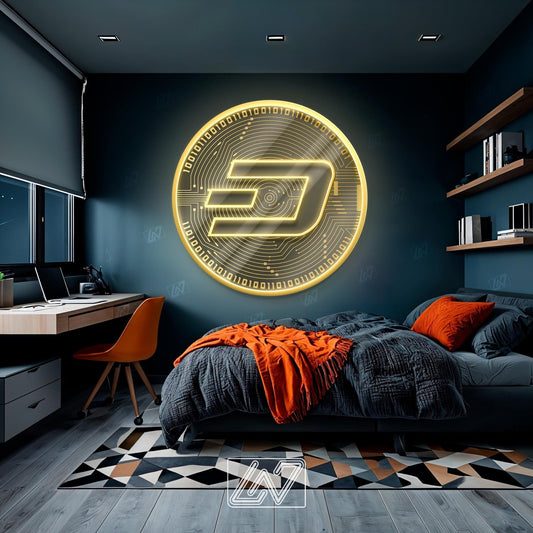 Dash Coin neon sign for modern decor enthusiasts and cryptocurrency lovers.