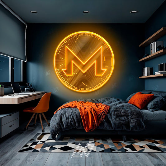 Monero neon sign illuminating a modern bedroom with stylish decor.