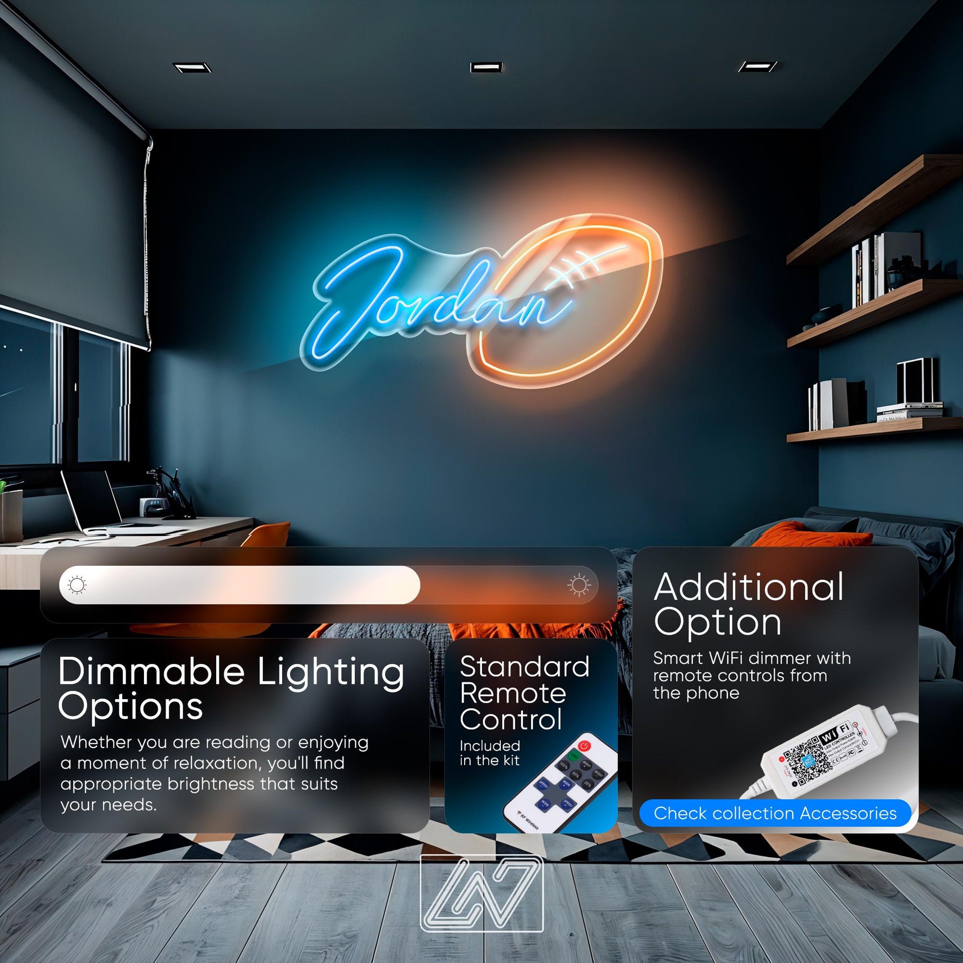 Custom Neon Initials Sign – Personalized name letters in modern blue-orange LED style, perfect for gifts, kids' rooms, weddings or branding