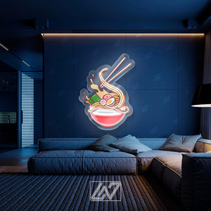 Ramen Noodle Egg And Meat With Chopstick - LED Neon Sign with UV Print, Food Neon Sign, Kitchen Neon Sign